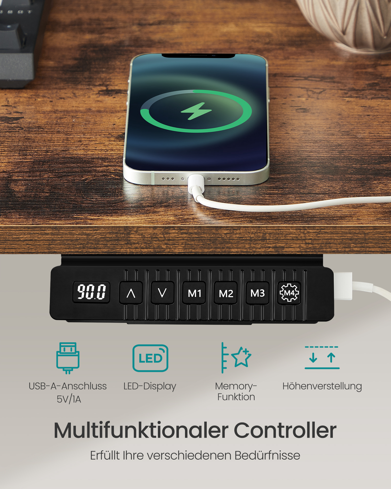 SONGMICS In hoogte verstelbaar bureau elektrisch, 70x160 x (72-120) cm, continu verstelbaar, gesplitste plaat