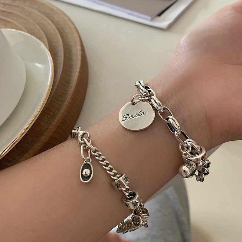 VENTFILLE 925 Bạc Thái Bạc Vòng Đeo Tay Cho Nữ Vintage Hình Học Hình Trái Tim Vòng Tay Trang Sức 2021 Mới