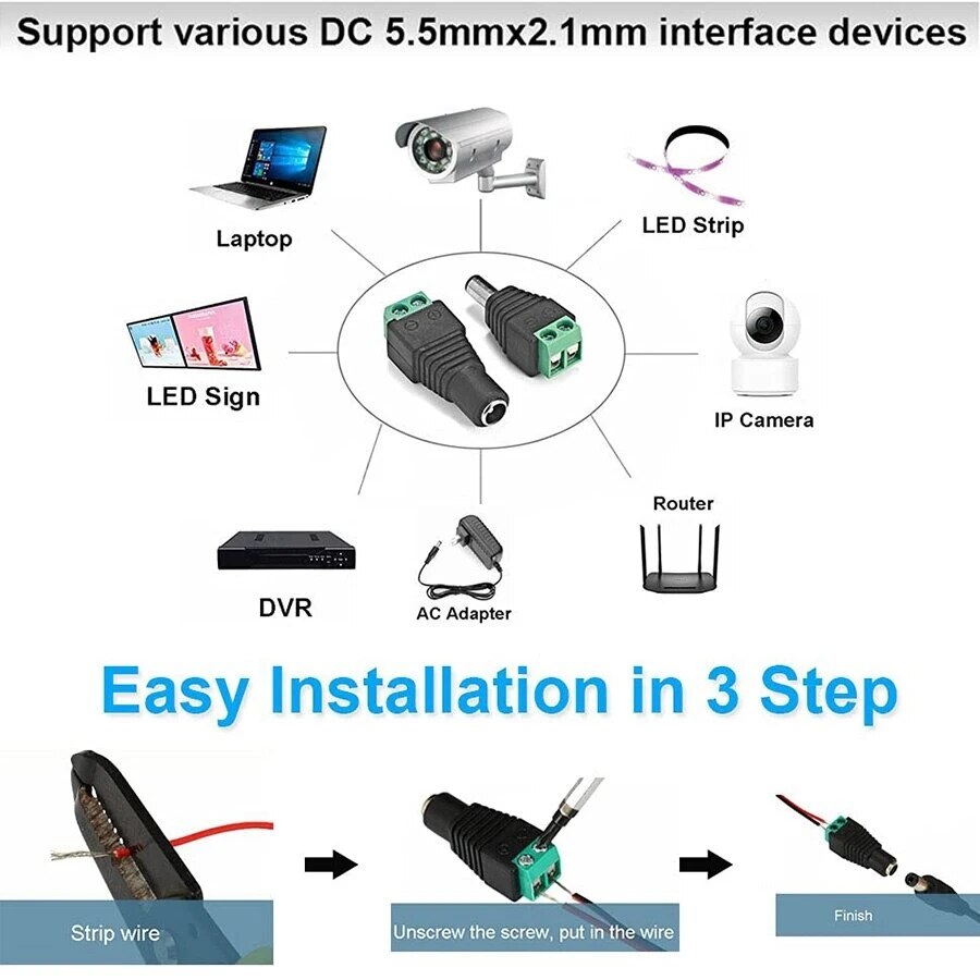5pairs Female and Male DC Connectors 5.5x2.1mm Power Plug Adapter Jacks Sockets Connector For Single Color LED Strip CCTV Camera