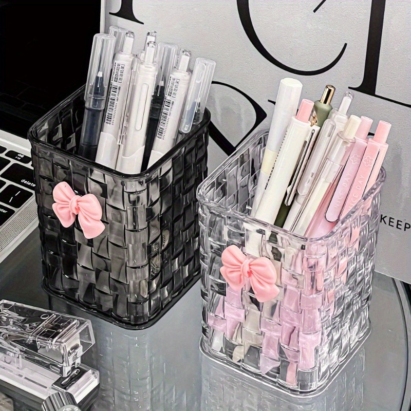 1pc Clear Acrylic Desk Organizer with Bow Accent-Durable Pen Holder and Storage Basket for Office Supplies,Pens,and Accessories