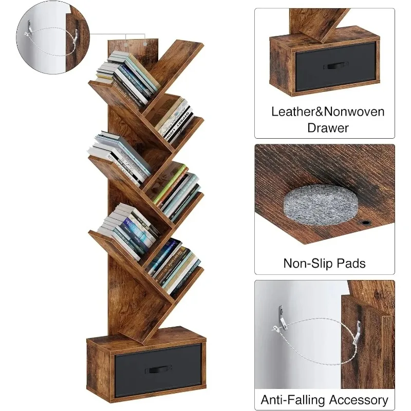 Small Modern Book Storage Rack Kids Bookcases Cabinet Traditional Reading Wooden Tree Bookshelf with Drawers