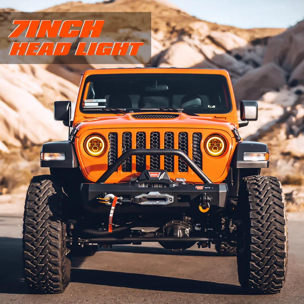 1 ชิ้น 7 นิ้ว Moto รถ Led ไฟหน้า H4 รอบไฟหน้า Amber Turn สัญญาณสําหรับ Jeep Wrangler JK TJ ไฟหน้า 7 "ไฟหน้า
