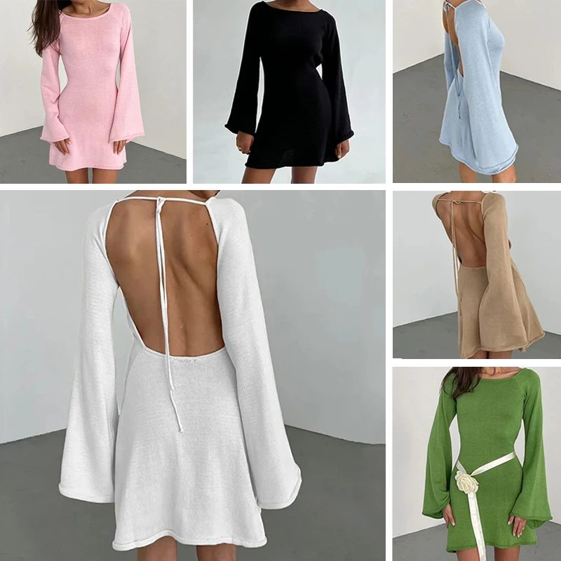 Nouveau sexy dos nu col rond cache-up couleur unie tricot maillots de bain élégant corne manches plage costume femme vacances robe portefeuille