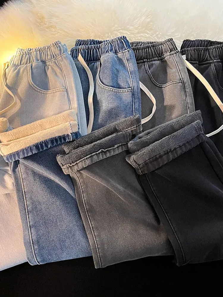 厚みのあるベルベット裏地カジュアルワイドレッグジーンズ暖かいファッションハイウエストカウボーイ新 Vaqueros 冬の基本的なスノーウェア女性デニムパンツ