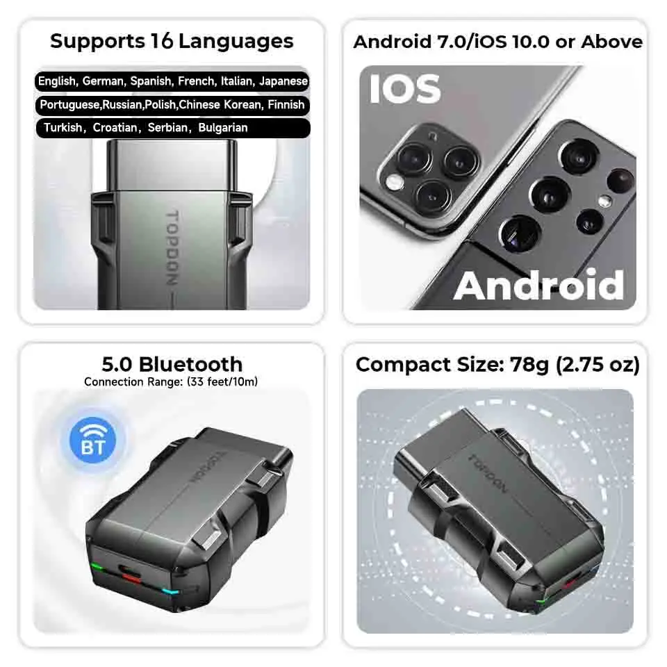 Сканер TOPDON TopScan Lite, умный диагностический инструмент, руководство по ремонту DTC, Bluetooth, считыватель кодов OBD2, полная система, активный тест