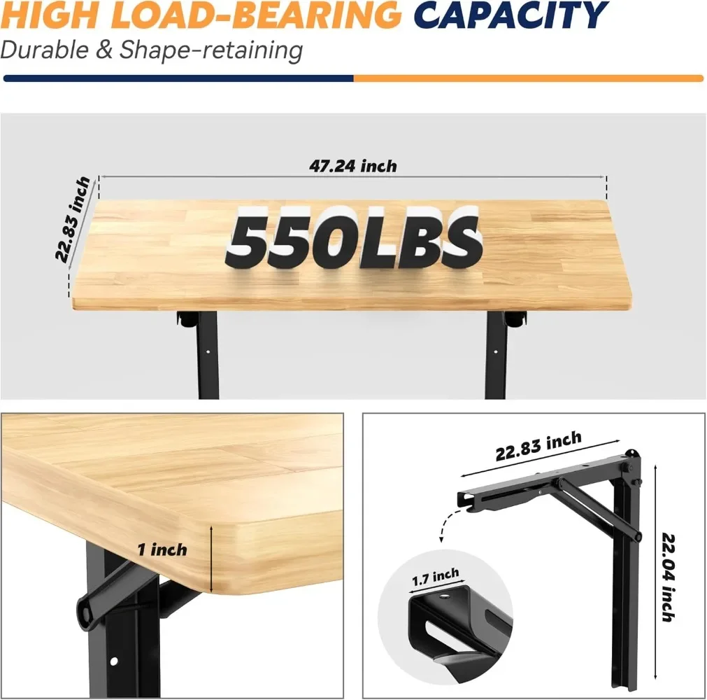 48" Wall Mounted Folding Workbench, Heavy Duty Foldable Work Table, Garage, Office, Home, Holds Up to 550 lb