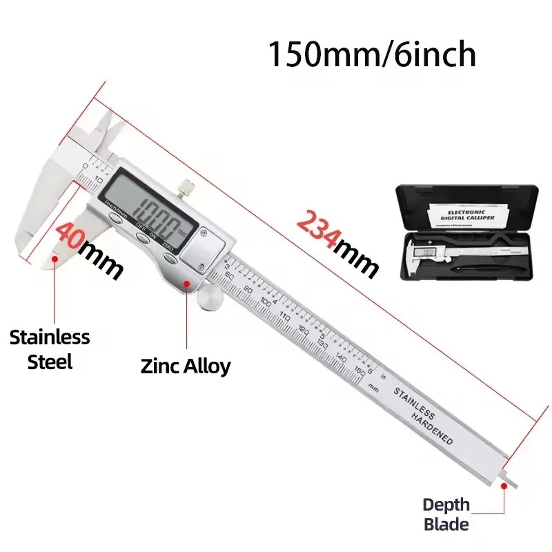 150mm stainless steel digital micrometer, high precision 0.01mm slide foot with data retention and unit conversion for industria