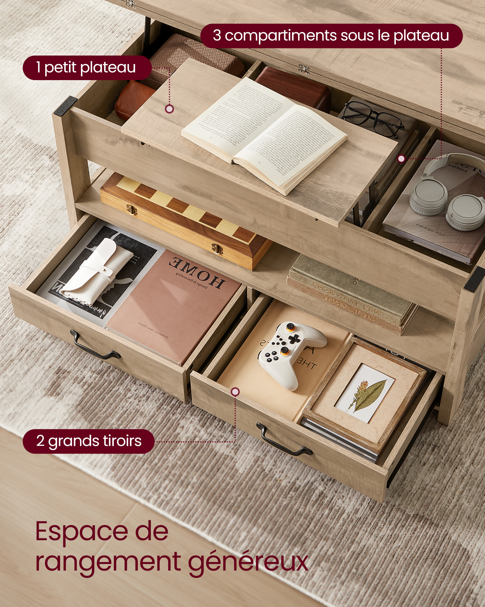 Table Basse, Table de Salon Relevable, Vérin à Gaz, 2 Tiroirs et 3 Compartiments sous Le Plateau, 1 Compartiment Ouvert, pour Salon, Bureau