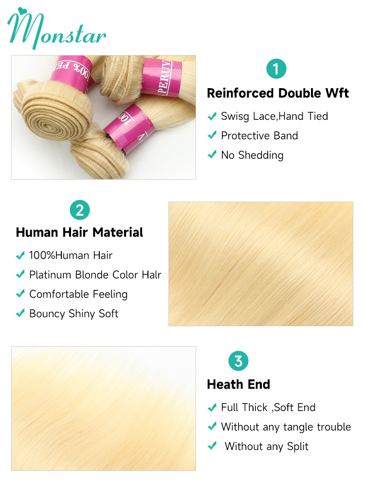 Monstar 1/3/4 613 Tóc Vàng Tóc Thẳng Lưng Peru Remy Con Người Tóc Mật Ong Tóc Vàng Bó 8- 40 inch Miễn Phí Vận Chuyển