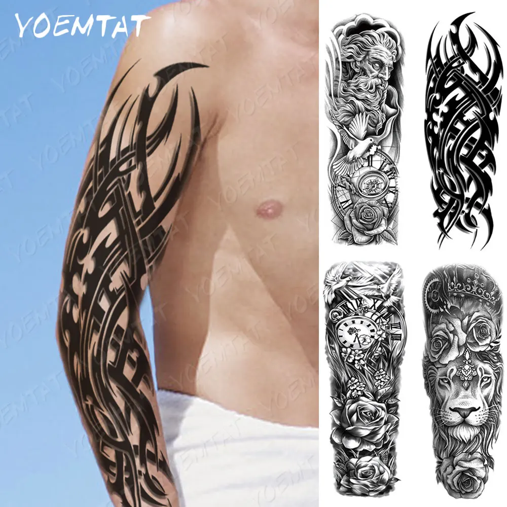 Große volle Armmanschette wasserdicht temporäre Tattoo Aufkleber Leopard Blume Taube des Friedens Uhr Dorn gefälschte Tatoo Körperkunst Männer Frauen