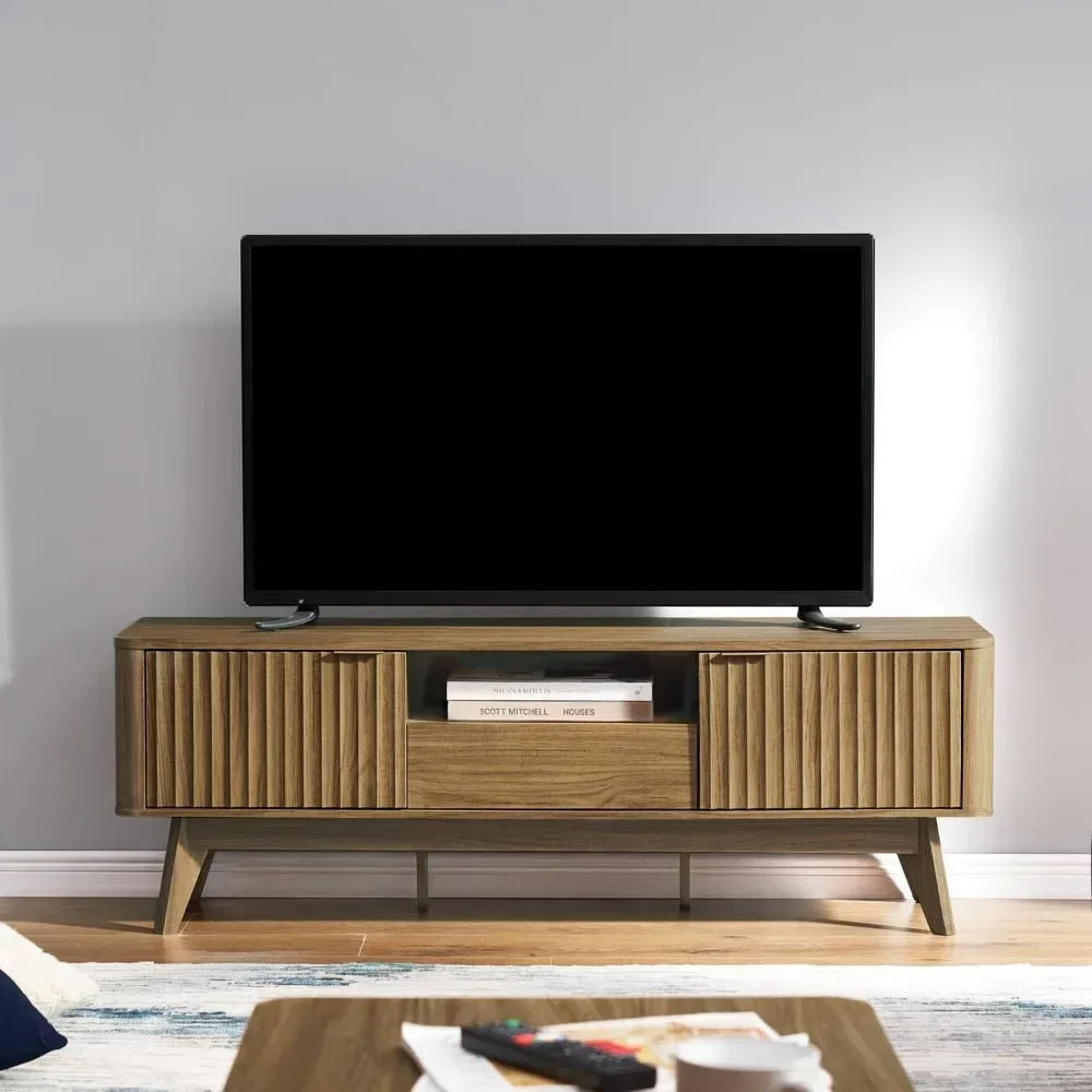 Brooklyn Mid-Century Modern TV Stand, for TVs up to 50” Waveform Panel, Sleek Curved Profile with Adjustable Shelf and Stu