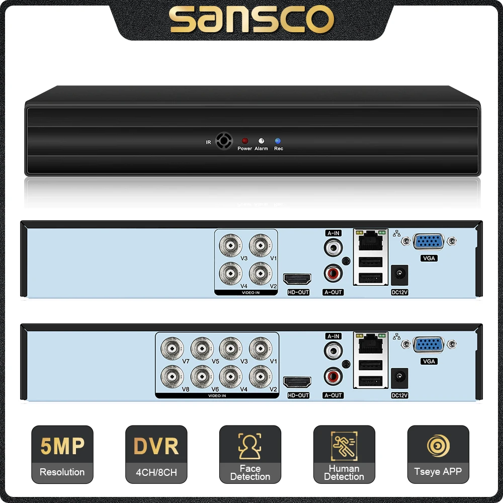 SANSCO-sistema de seguridad para el hogar, grabador de vídeo Digital híbrido, Onvif, H.265, 4/8 canales, CCTV, DVR, 5 en 1, AHD, CVI, TVI, CVBS, IP