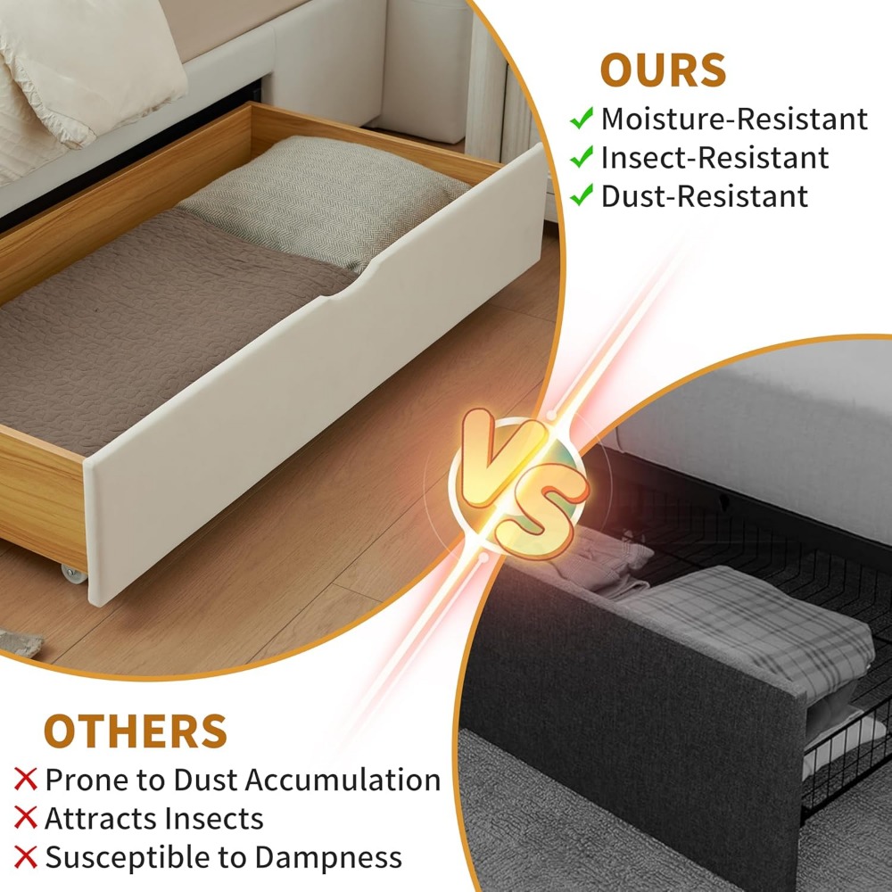 Queen Size Upholstered Bed Frame with Hidden Storage Drawers, Velvet Fabric, Modern Tufted Headboard, Heavy Duty Metal Frame, Ea