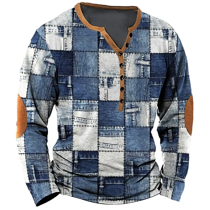 Patchwork Denim Vintage เสื้อยืดผู้ชาย Patchwork Grid กราฟิกเสื้อ T 3D พิมพ์แขนยาว Tee ขนาดใหญ่ Man เสื้อผ้า Tops