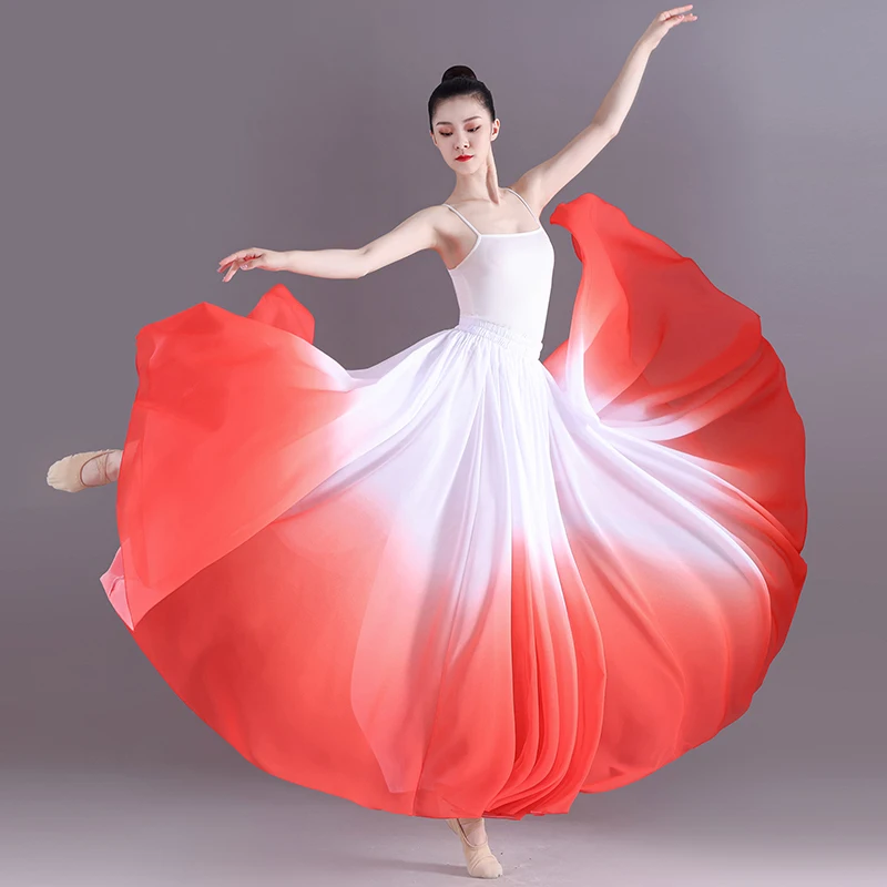 Mulheres Saias De Dança Clássica Prática Traje 720 Graus Gradiente Gaze Chiffon Desempenho Elegante Meio Vestido Estilo Chinês