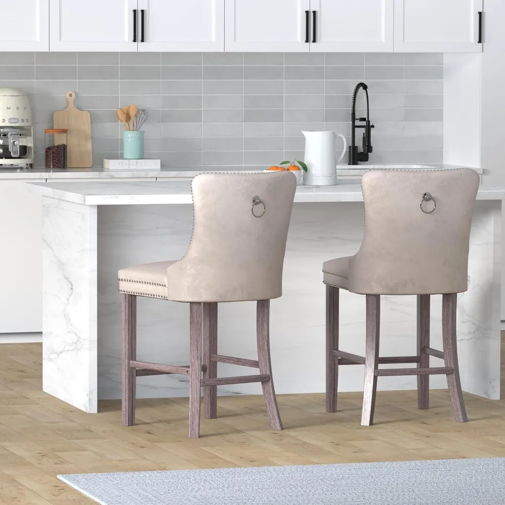 Counter Height Bar Chairs Set of 4, 27" Modern Velvet Bar Stools with Button Decor, Nailhead Trim, Solid Wooden Lege
