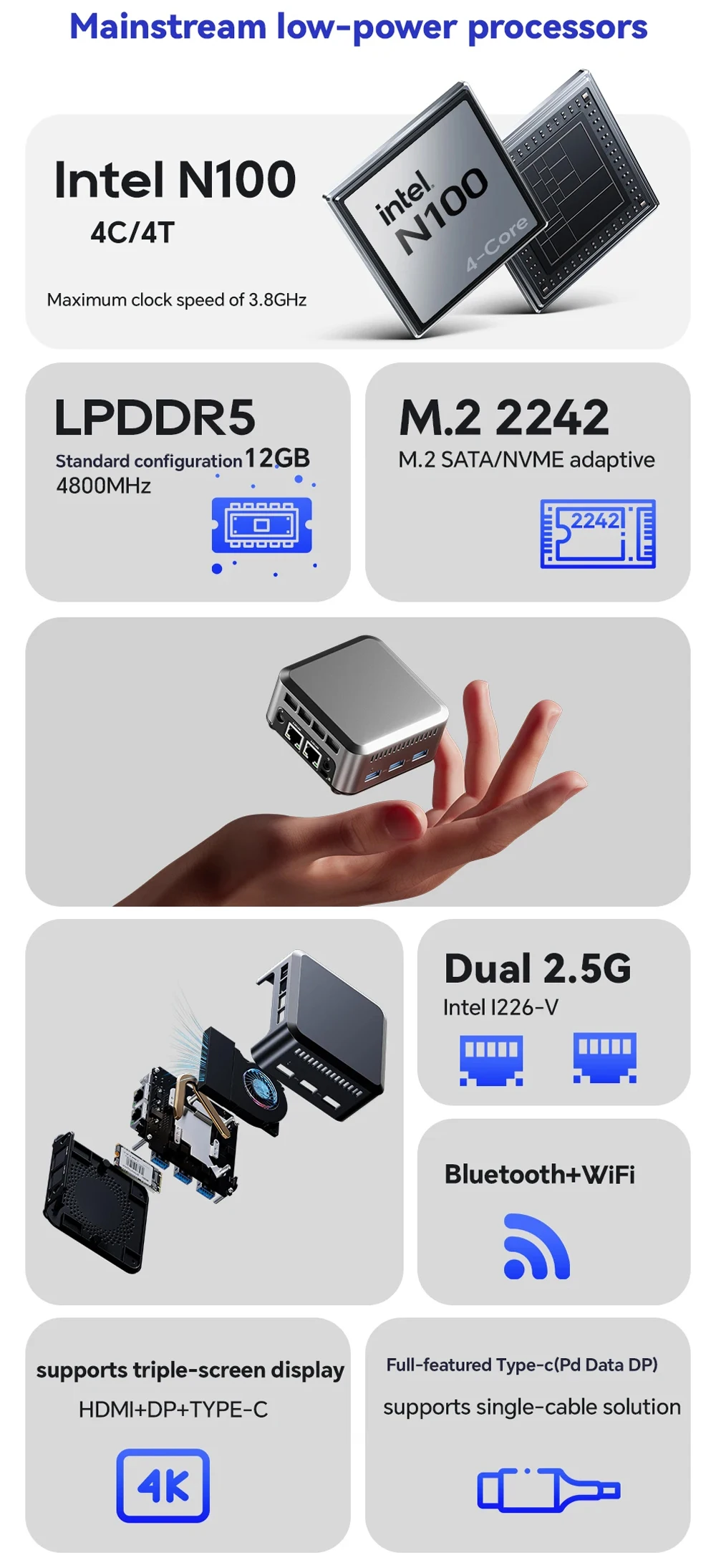 N1 PRO Palm Mini PC N100 N150 Windows 11 Pro LPDDR5 4800MHz M.2 2242 SATA/NVMe SSD Type-C Desktop Office/Home Pokect Computer