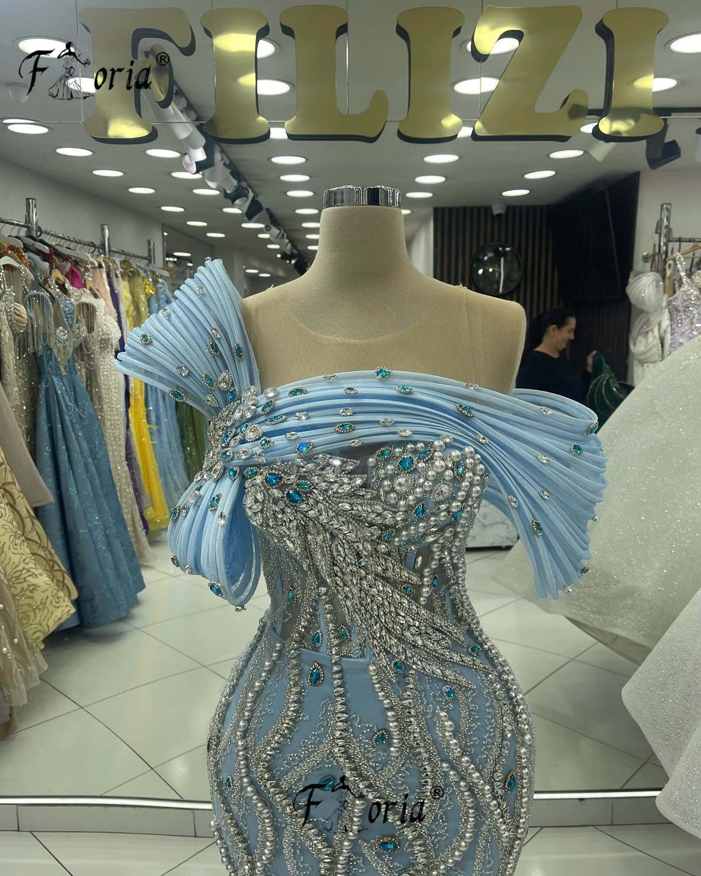Wunderschöne Perlen Perlen Dubai formelle Party kleid blau Kristall Meerjungfrau Abend Anlass Kleider elegante Engament Vestidos de Festa