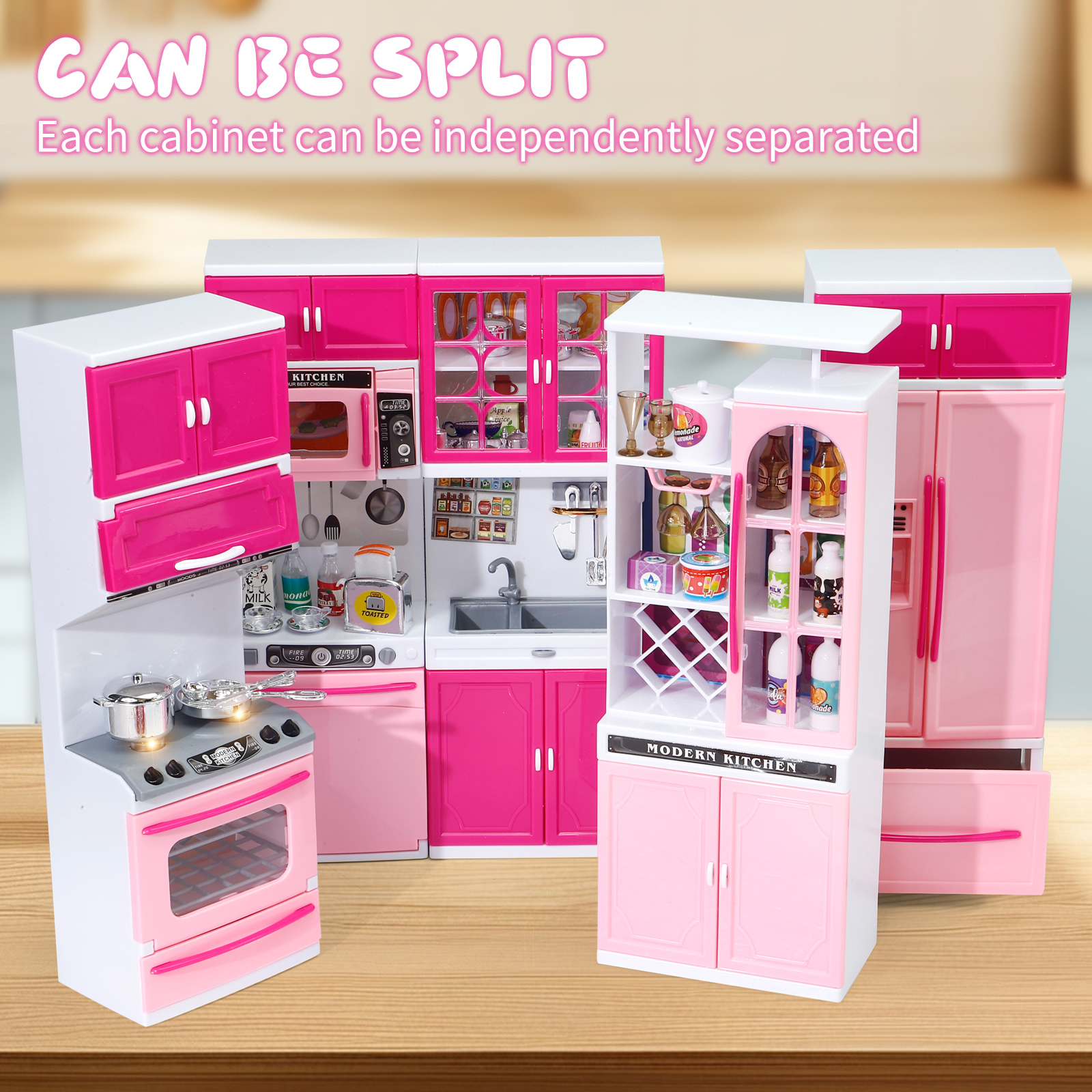 Pink Kitchen Combo Rollenspiel 5-teiliges Spielzeugset mit Lichtern und Geräuschen, für Mädchen, Weihnachten/Halloween/Thanksgiving/Neujahr