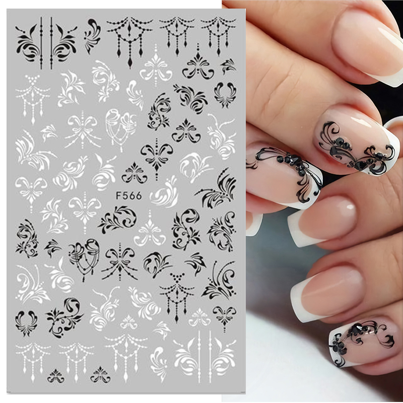 Pegatinas 3D de hoja de arce en blanco y negro para decoración de uñas, corazón geométrico, alfabeto inglés, calcomanías para decoración de uñas, deslizador de uñas