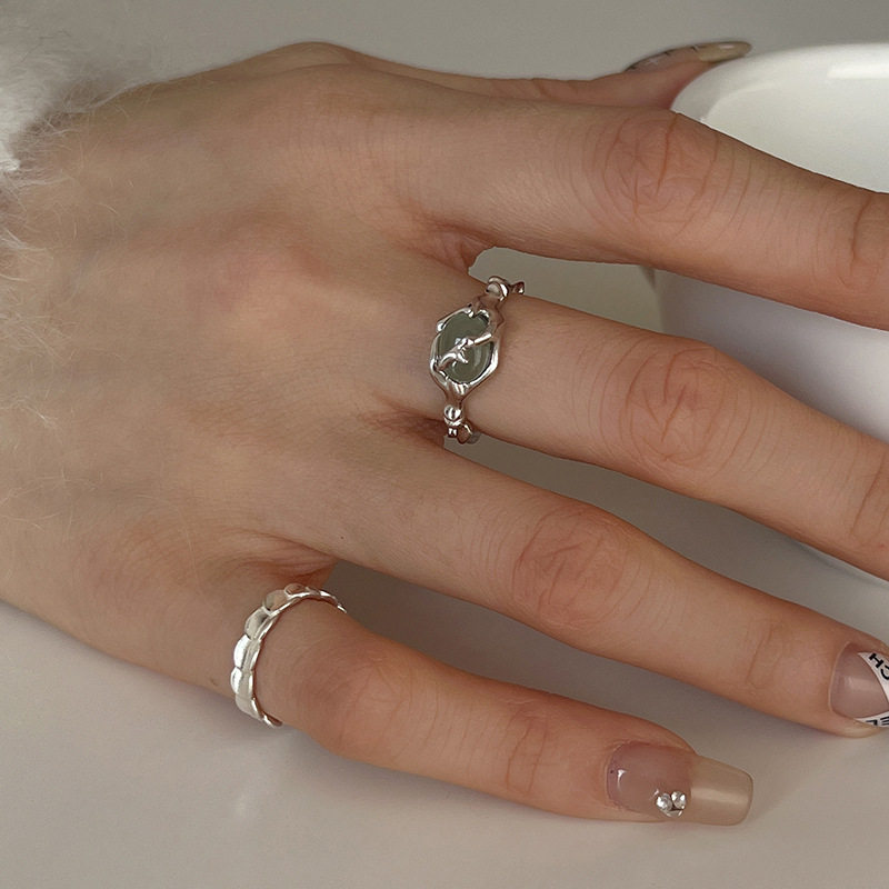 925 prata esterlina banhado a lava líquida hetian jade anel de bambu para mulheres presente da menina irregular jóias vintage dropshipping