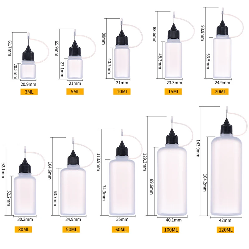 Garrafas plásticas com agulha espremível, 5 peças 3ml-120ml conta-gotas líquido para os olhos amostra gota pode ser cola aplicador de tinta recipientes recarregáveis