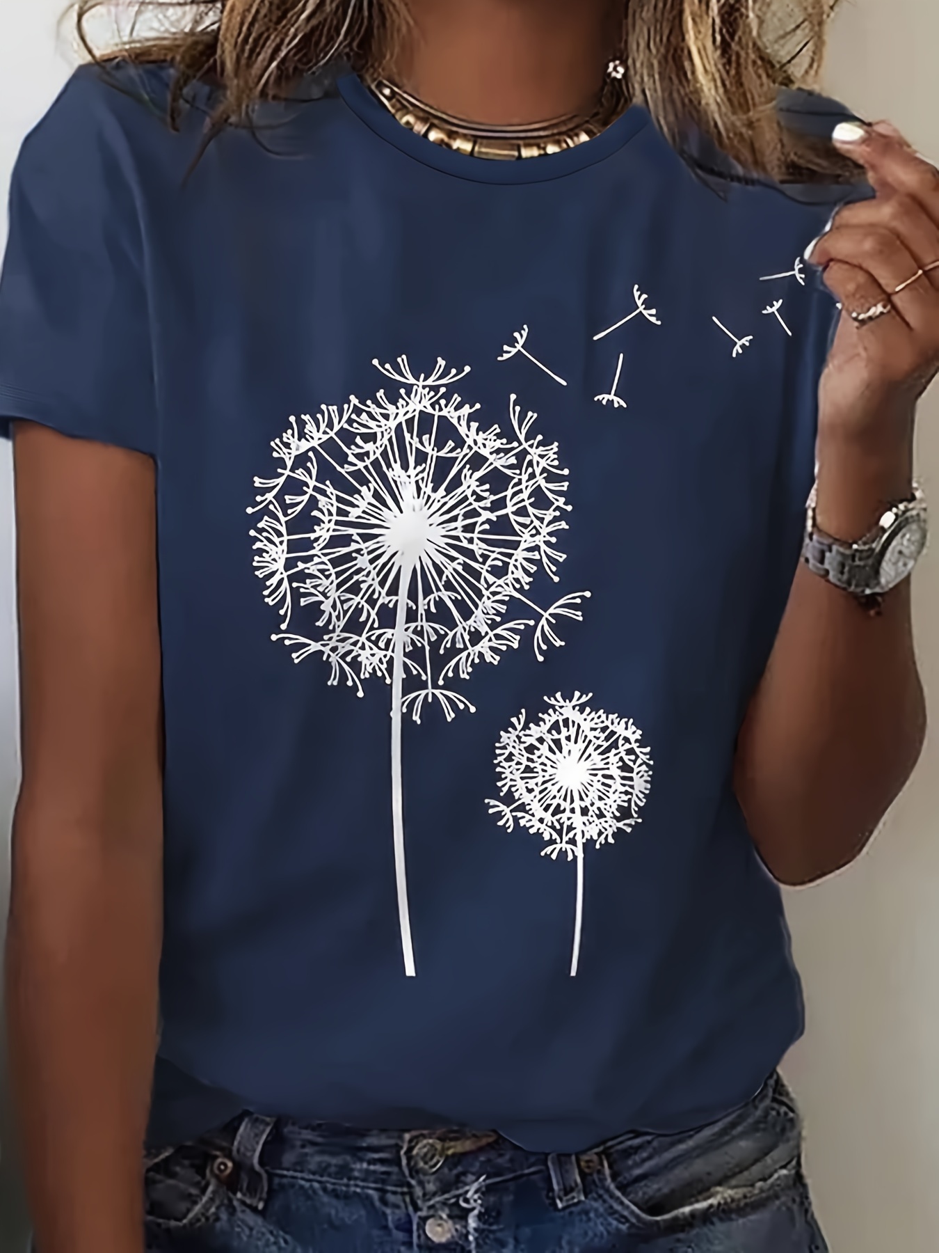 タンポポプリント クルーネック Tシャツ カジュアル半袖トップス 春夏用 婦人服
