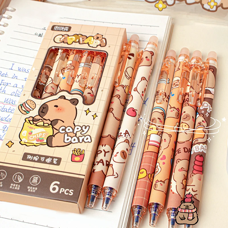 6 ชิ้นน่ารัก Capybara Erasable ปากกาหมึกสีฟ้าการเขียน Smooth Quick - Drying ปากกาอุปกรณ์สํานักงานโรงเรียนนักเรียนเครื่องเขียนของขวัญ