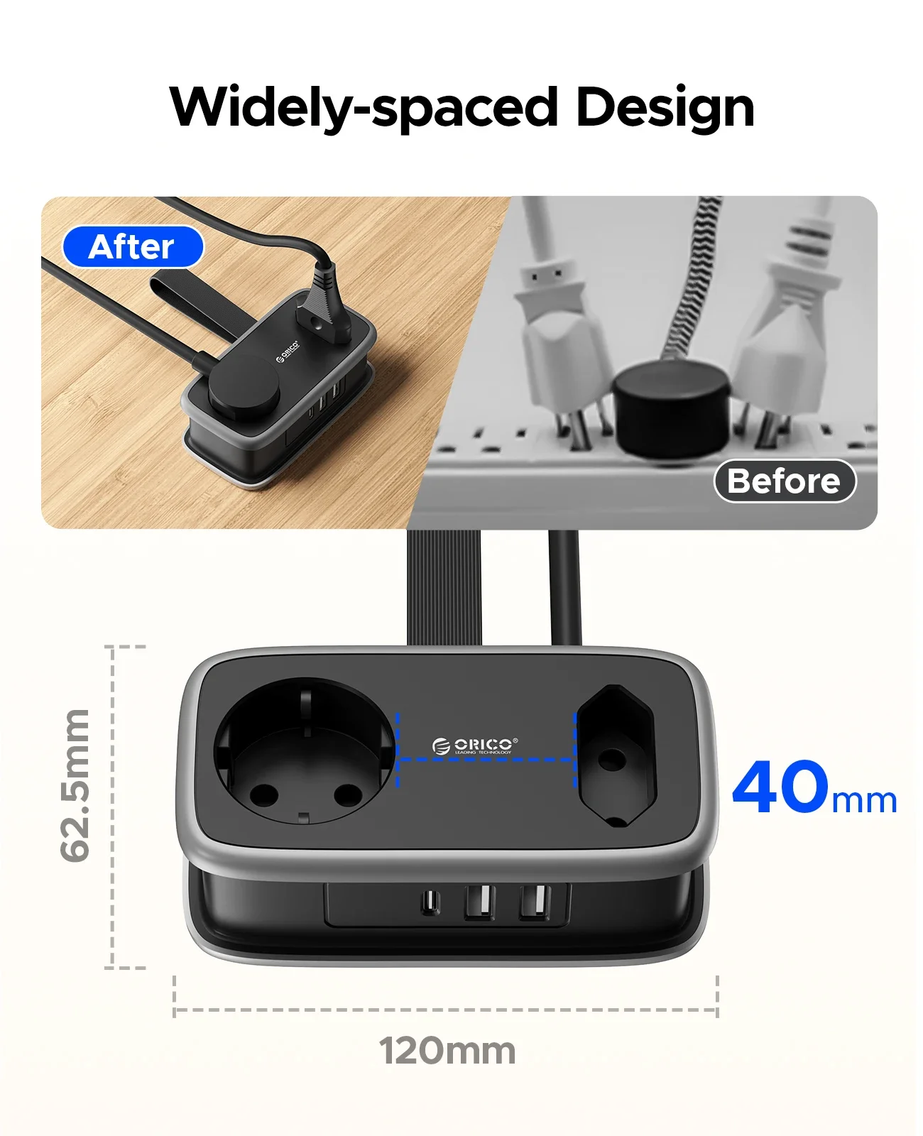 ORICO EU Plug Travel Power Strip with 2AC 3USB Port 1.1M Extension Cable 5-In-1 Charging Smart Socket for Home/Travel Save Space