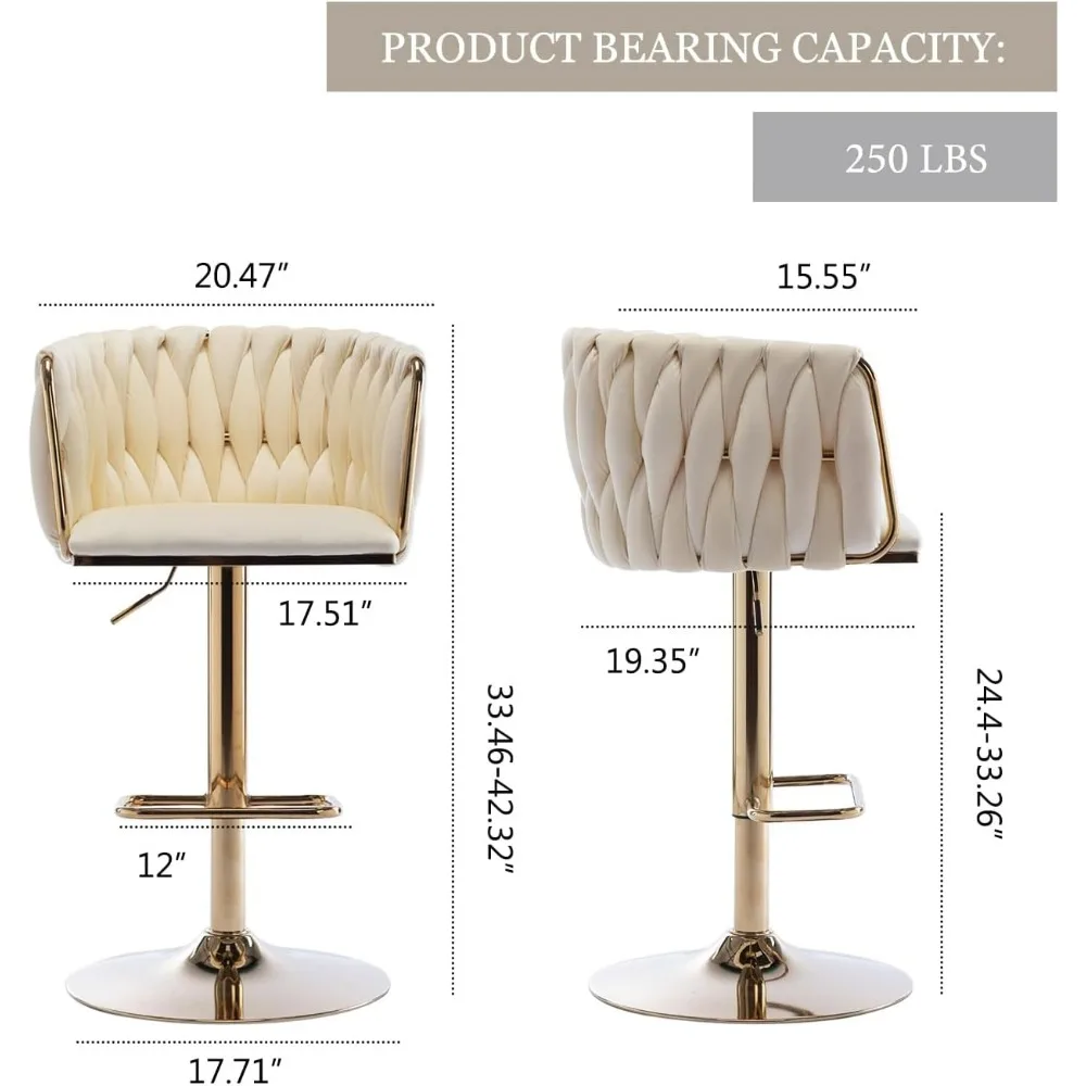 Woven Bar Stools Set of 4, Counter Height Bar Stools with Low Back, Gold Swivel Bar Stools for Kitchen Island, Bar Pub