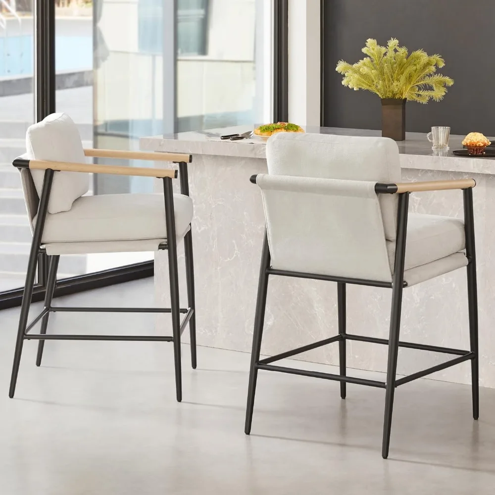 Mid Century Modern Barstool Set of 2, 26" H Upholstered Counter Height Bars Stools with Wood Armrests and Metal Legs, Bar Stool