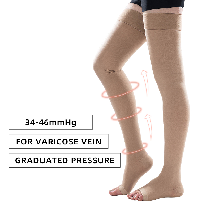 Calcetines de compresión médicos con punta abierta hasta el muslo, protector solar elástico, antideslizante, cuidado del sueño, venas varicosas, curación rápida, 34-46mmHg, 1 par
