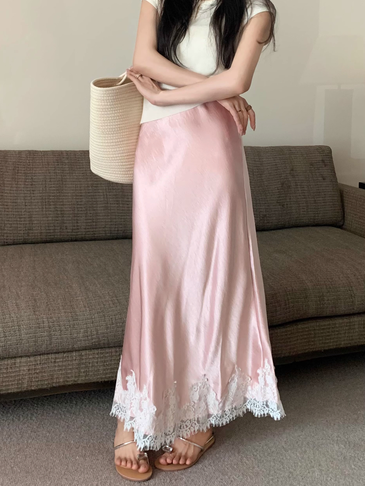 Elegante lange rokken voor dames zomer hoge taille kanten satijnen rok dames A-lijn Koreaanse mode effen kleur losse damesrok