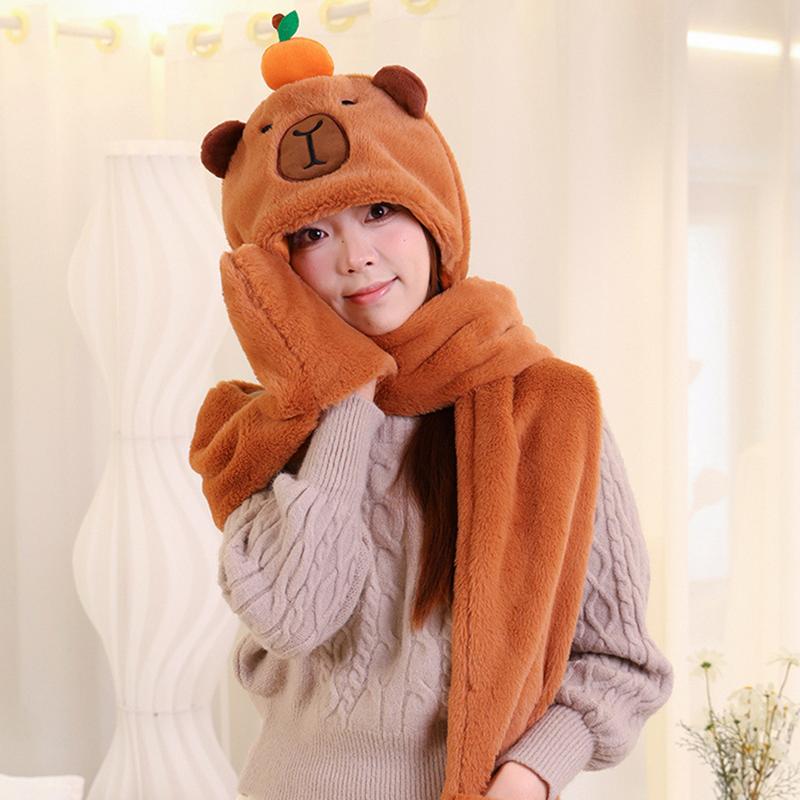 Gorro de capibara 3 en 1, conjunto de guantes y bufanda, bufanda cálida de felpa con capucha, gorros, regalo perfecto de invierno para mujeres y niñas