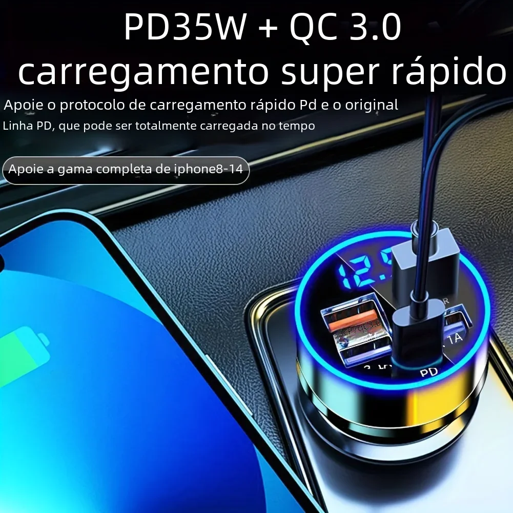 PD + QC 3.0 Adaptador de carregador de telefone para carro de carregamento rápido 4 portas Carregador de carro USB Tipo C PD35W Carregador de carro de carga rápida 3.0