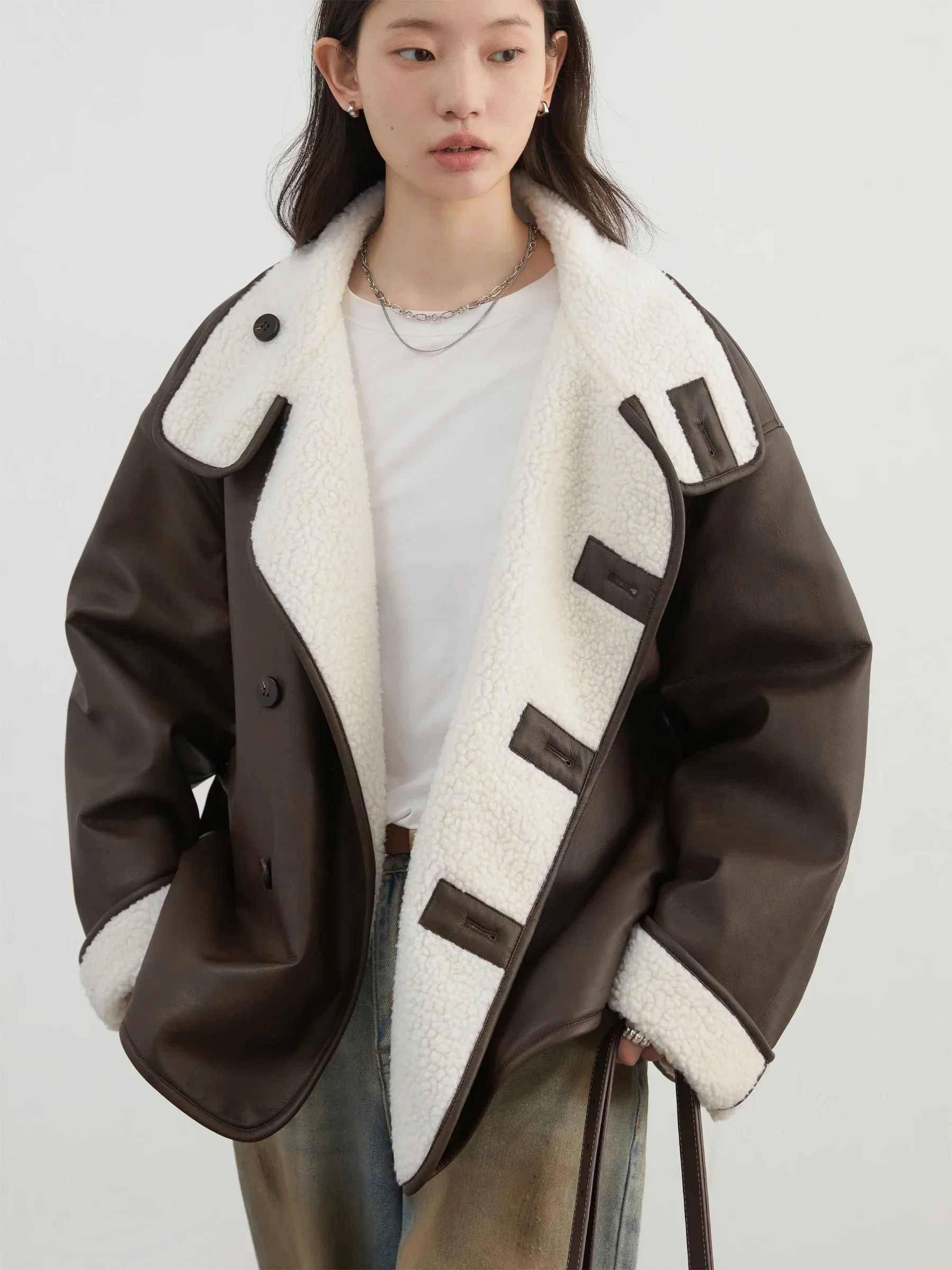 CHIC VEN Frauen Jacken Lose Beiläufige Reversible Nachahmung Lamm Weiblichen Mantel Kontrast Farbe Patchwork Mantel Herbst Winter 2024