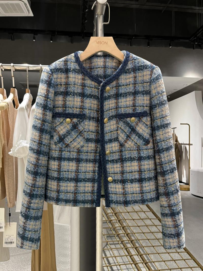 Blauer Kurzmantel für Damen, klein, 2024, Herbst und Winter, neuer britischer Stil, dicke Karos, modisches Oberteil