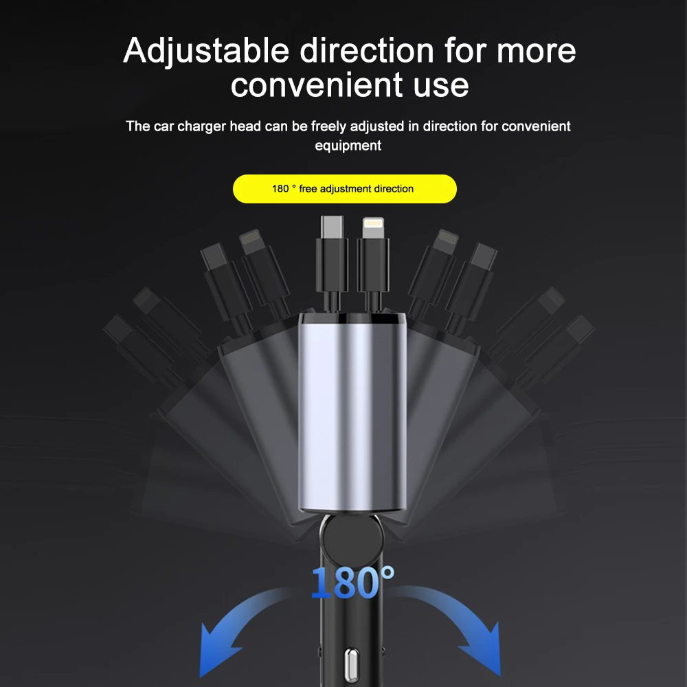 Car Charger Adaptor 120W Fast Charge USB Type C Fast Charger Cable with Retractable Cords Fit for iPhone 16/15/14/13/12 Samsung