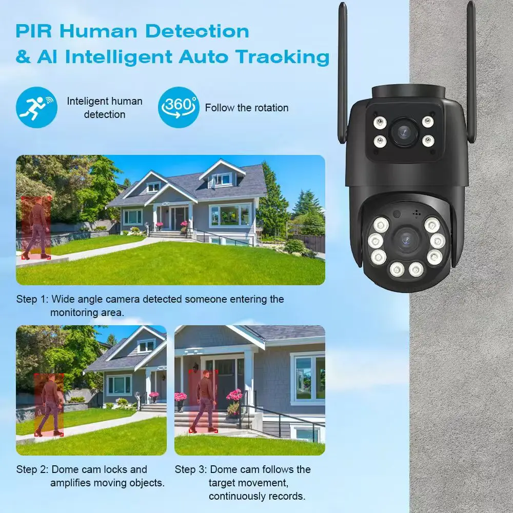Cámara de vigilancia WiFi BELIA 4K 8MP, zoom digital 4X, cámara IP PTZ lente dual ONVIF, detección humana AI, seguridad exterior ICSEE