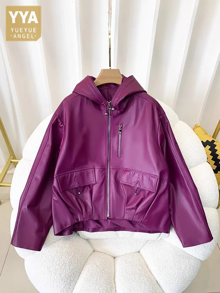 Weibliche Echte Leder Jacken Zip Lose Streetwear Mit Kapuze Echt Schaffell Casual High Street Fashion Top Qualität Oberbekleidung Neue