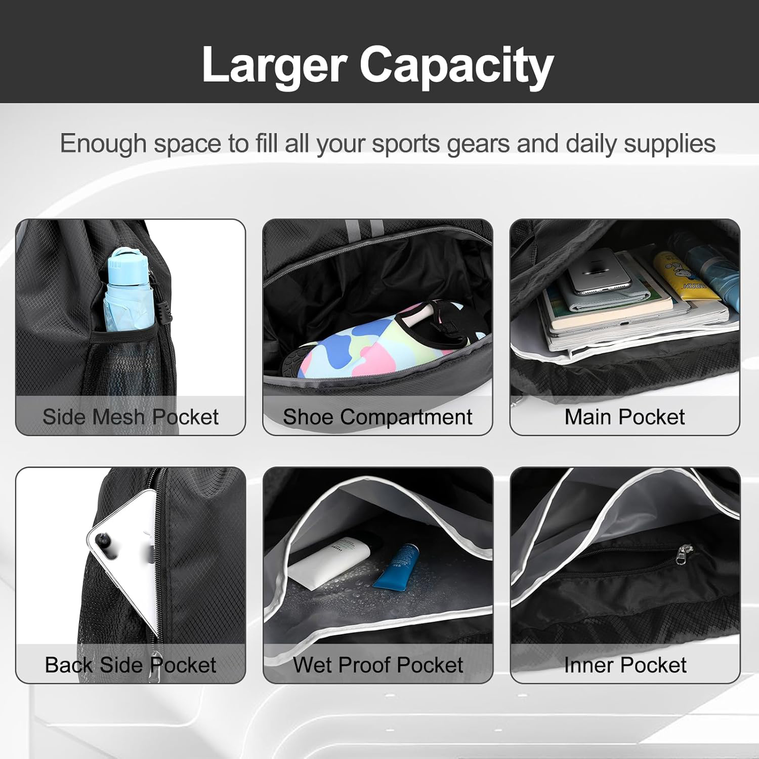 Sports Drawstring Backpack Bag with Shoes Compartment Wet Proof Pocket for Women Men Large Capacity String Swim Gym Sackpack Bag