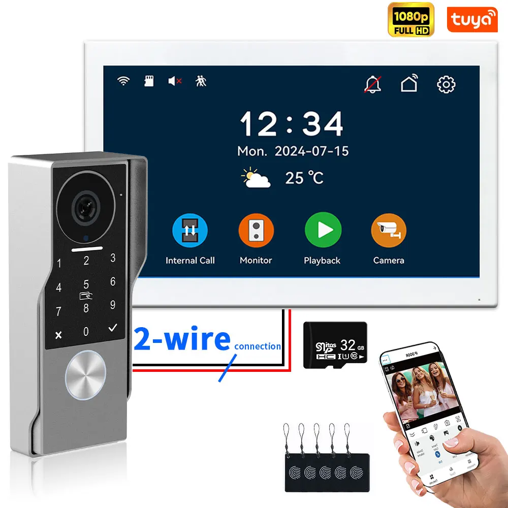 2-draads videodeurtelefoon met TUYA-app IC-kaart PIN Ontgrendelen 24 IP-camera Ondersteuning Smart Video-intercomsysteem voor thuis 1080P