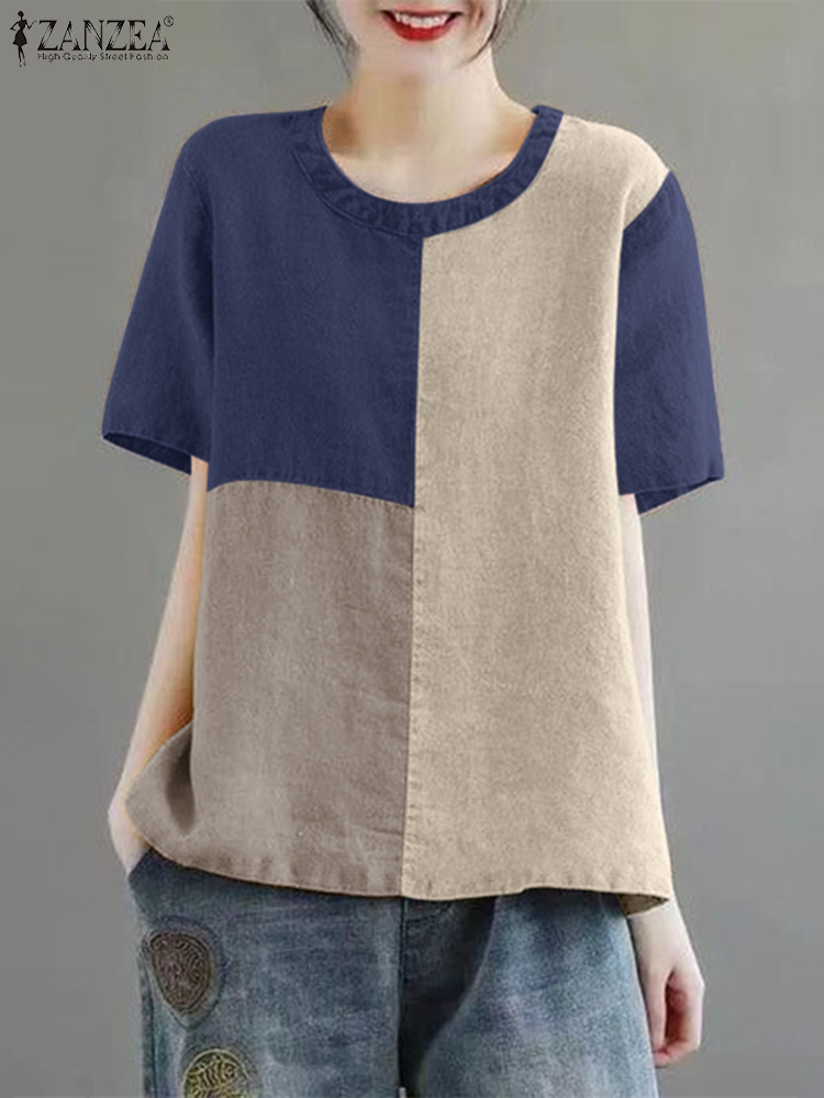 ZANZEA Damen-Patchwork-Bluse, 2024, Sommer, kurzärmelig, Tuniken, modisch, Rundhalsausschnitt, lässig, locker, Urlaub, Baumwolle, Leinen, Tops