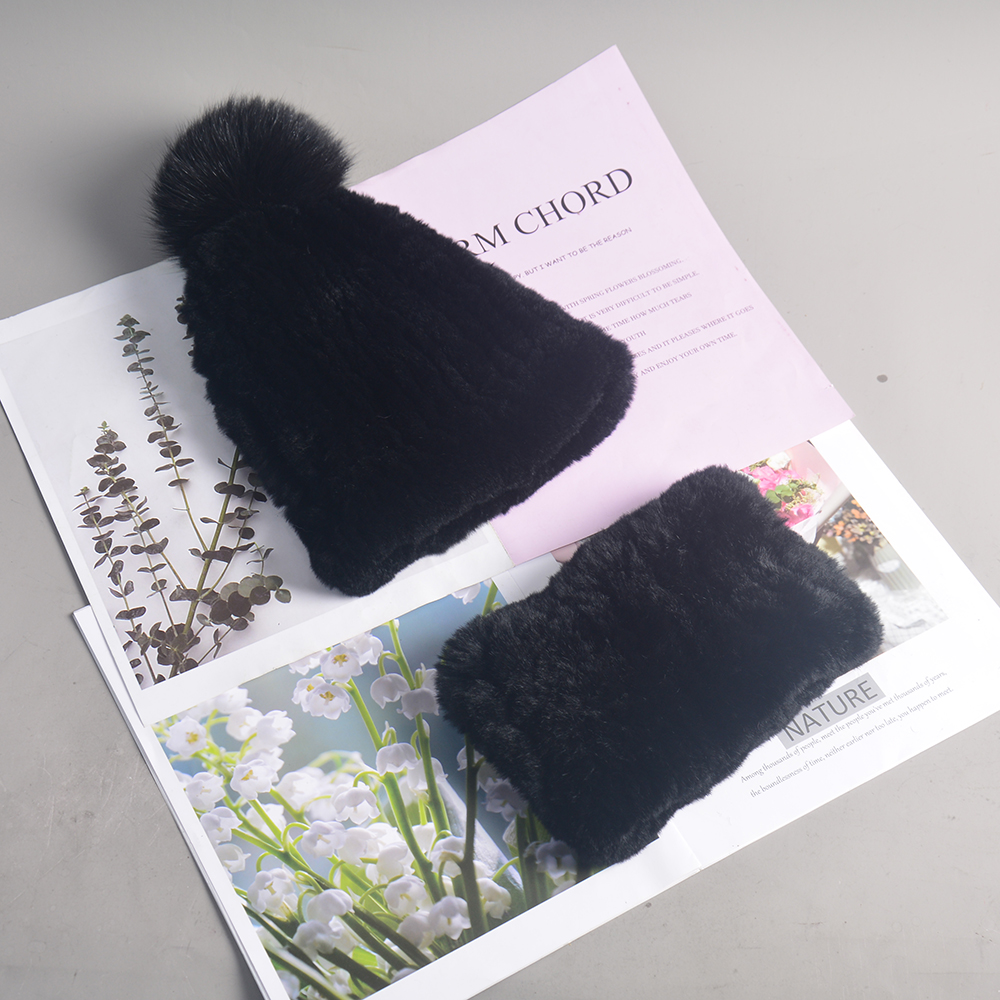 Gorro de mufla de piel de conejo Rex Natural cálido para mujer, bufandas de piel auténtica, sombreros, buen elástico, conjunto de gorro y bufanda de piel de conejo Rex auténtica para mujer