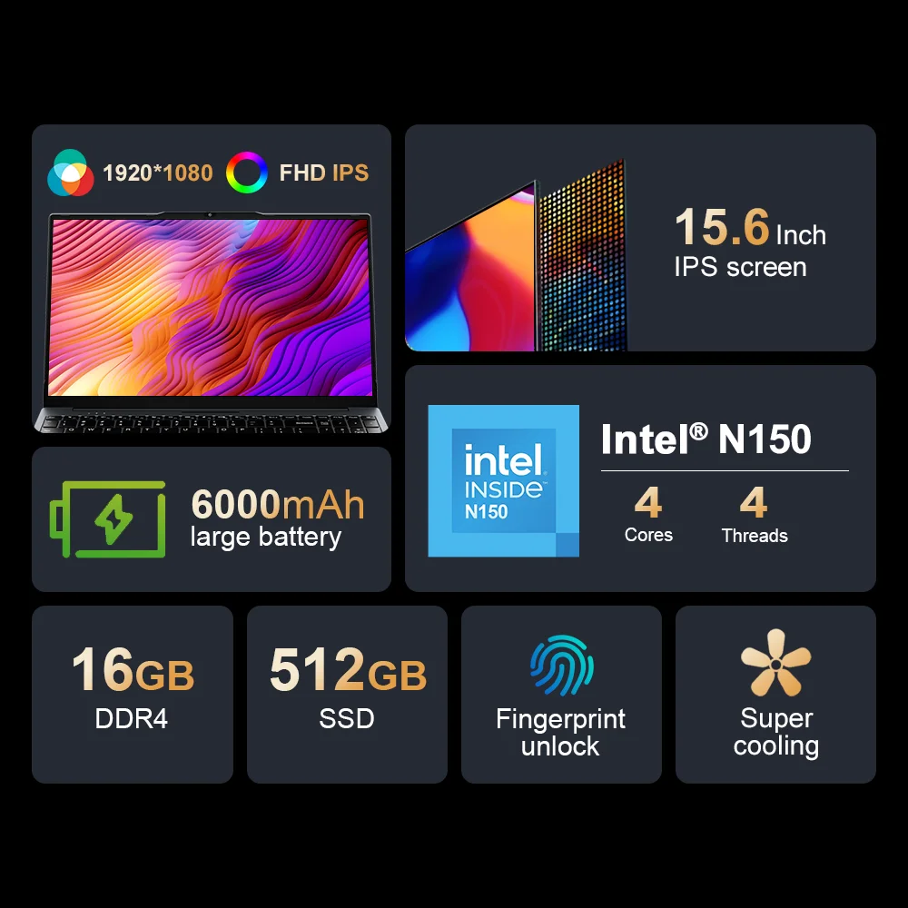 Ninkear N15 Air Laptop Intel N150 16GB DDR4 512GB SSD 15,6" FHD toetsenbord met achtergrondverlichting 180 °   Flip 46,2WH slanke kantoorcomputer-notebook