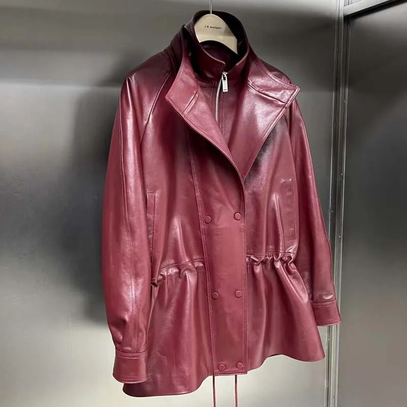 echt leren jas normale lengte damesjas lente geplooide taillestijl dubbele revers ontwerp natuurlijke echte schapenvacht