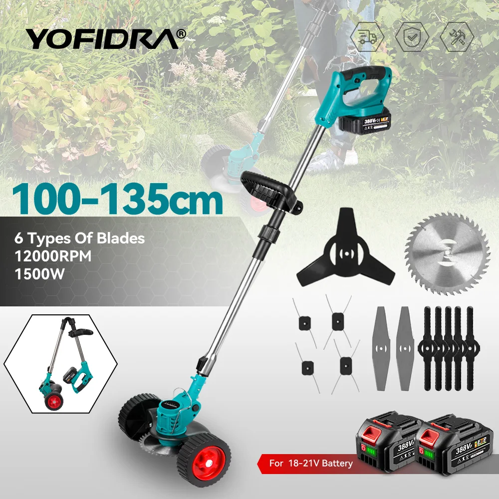 Yofidar 100-135cm cortador de grama elétrico 1500w sem fio dobrável aparador poda corte jardim ferramenta elétrica para makita bateria pino