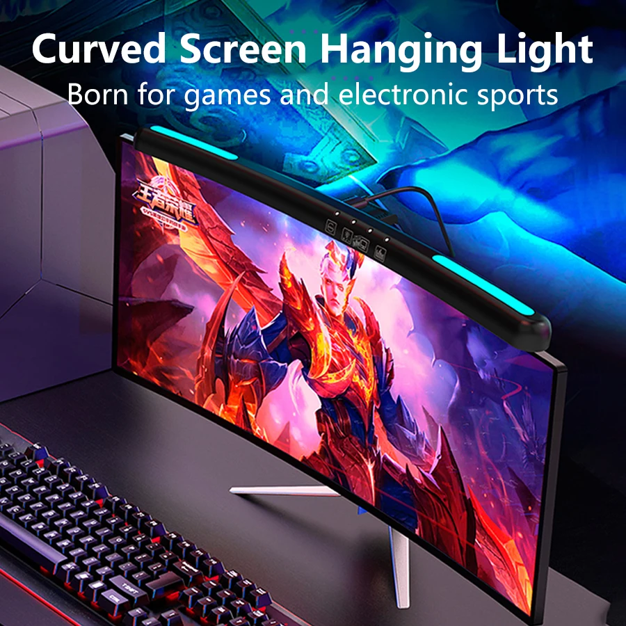 โคมไฟตั้งโต๊ะ LED หน้าจอ USB แขวนหน้าจอโค้งแถบแสง RGB พื้นหลังไฟบรรยากาศการเล่นเกมตกแต่งห้อง