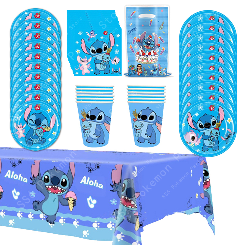 Disney Лило и Ститч украшение на день рождения девочка мальчик одноразовая посуда скатерть мешок для конфет тарелка бумажные чашки поставки набор