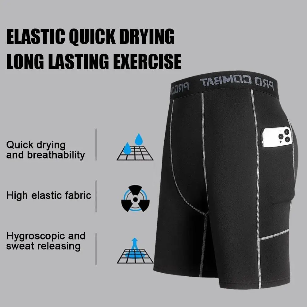 Calça curta de compressão elástica masculina, calça seca rápida, shorts de ginástica com bolso, tamanho grande, apertada para treinamento de ginástica, preta, nova